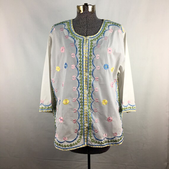 Vintage 70s Embroidered Button-Up Tunic Blouse Siz