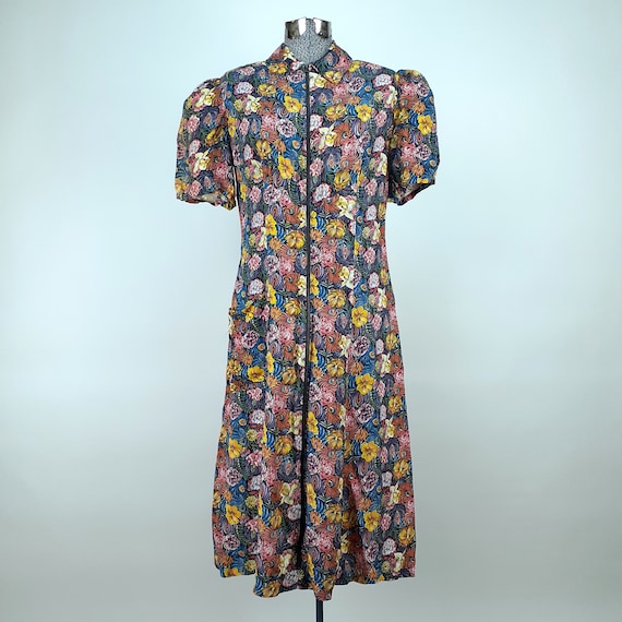 Vintage 30s Zip Front Floral Print House Coat / D… - image 3