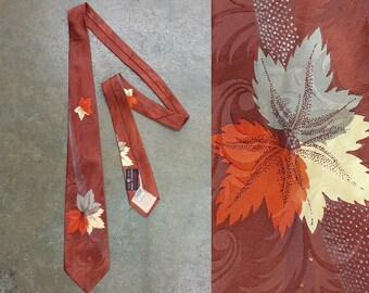 Vintage 40s 50s Maple Leaf Print Neck Tie | Textron Harry Levinson rockabilly swing atomic leaves Canada rayon