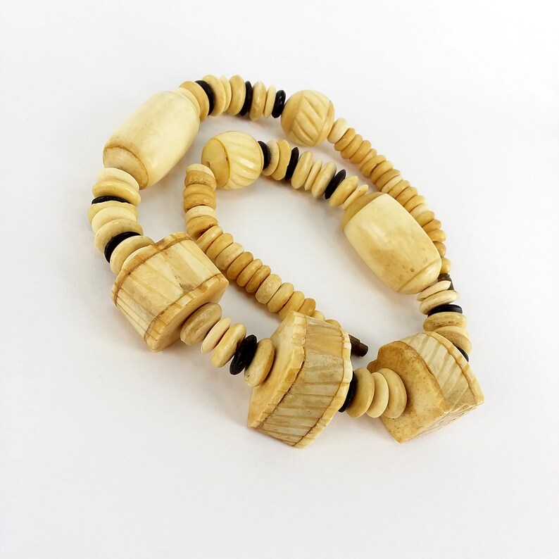 Vintage 30s Carved Bone Beaded Tribal Necklace chunky large disc barrel bovine 20s antique 1930s unique bones antique depression beads