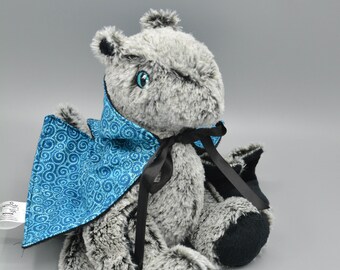 Silver Dragon Plushie Fantasy Creature Stuffed Animal, Dress Up Dragon, Teal Swirl Cloak Cape