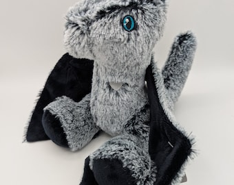 Silver & Black Dragon Plush, Fantasy Stuffed Animal, Limited Edition