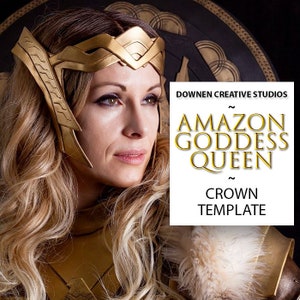 May include: A woman wearing a gold crown with the text "Amazon Goddess Queen Crown Template" on a white background.