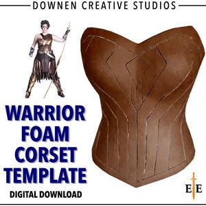 Puede incluir: Una plantilla de descarga digital para un corsé de guerrero de espuma. La plantilla se muestra en un corsé de espuma marrón con un diseño geométrico. El texto "WARRIOR FOAM CORSET TEMPLATE" está en letras azules sobre fondo blanco. El texto "DIGITAL DOWNLOAD" está en letras negras sobre fondo blanco. El texto "www.downencreativestudios.com" está en letras negras sobre fondo blanco.