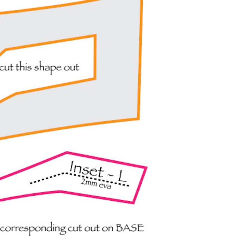 Puede incluir: Diagrama que muestra c&oacute;mo cortar una forma de una pieza de material m&aacute;s grande. El diagrama muestra una forma rosa etiquetada como "Inset - L" con una l&iacute;nea punteada que indica una tolerancia de 2 mm. El texto "cut this shape out" es visible en la esquina superior izquierda del diagrama.