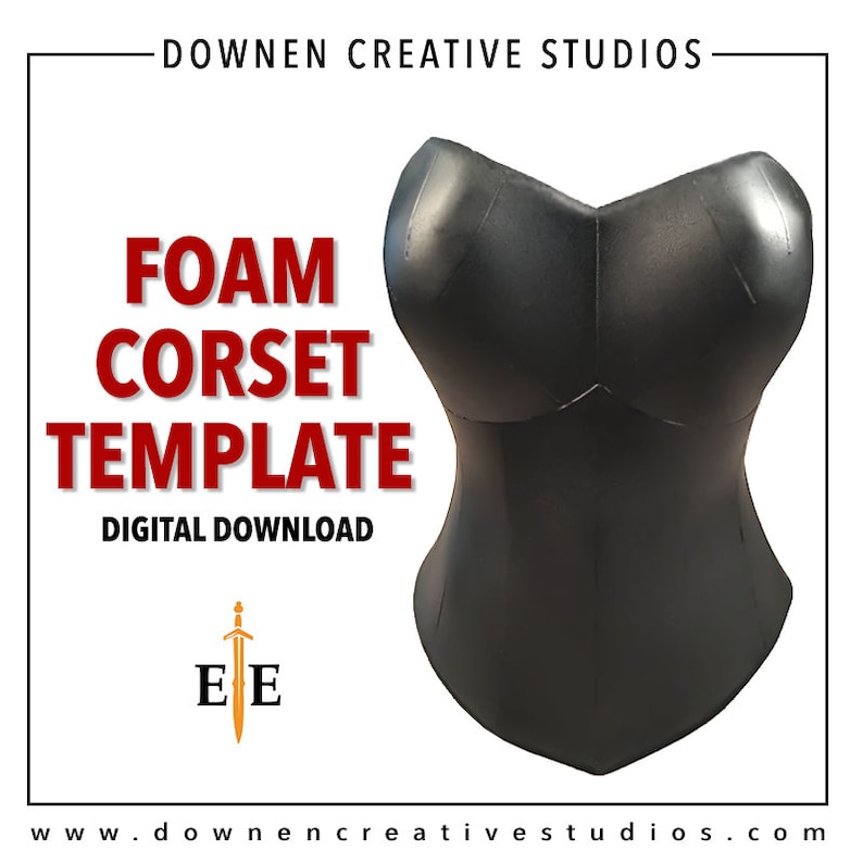 Puede incluir: Una plantilla de cors&eacute; de espuma para descargar digitalmente. La plantilla se muestra como un cors&eacute; de espuma negro. El texto "FOAM CORSET TEMPLATE" est&aacute; en letras rojas. El texto "DIGITAL DOWNLOAD" est&aacute; en letras negras. El texto "DOWNEN CREATIVE STUDIOS" est&aacute; en letras negras. El texto "www.downencreativestudios.com" est&aacute; en letras negras.