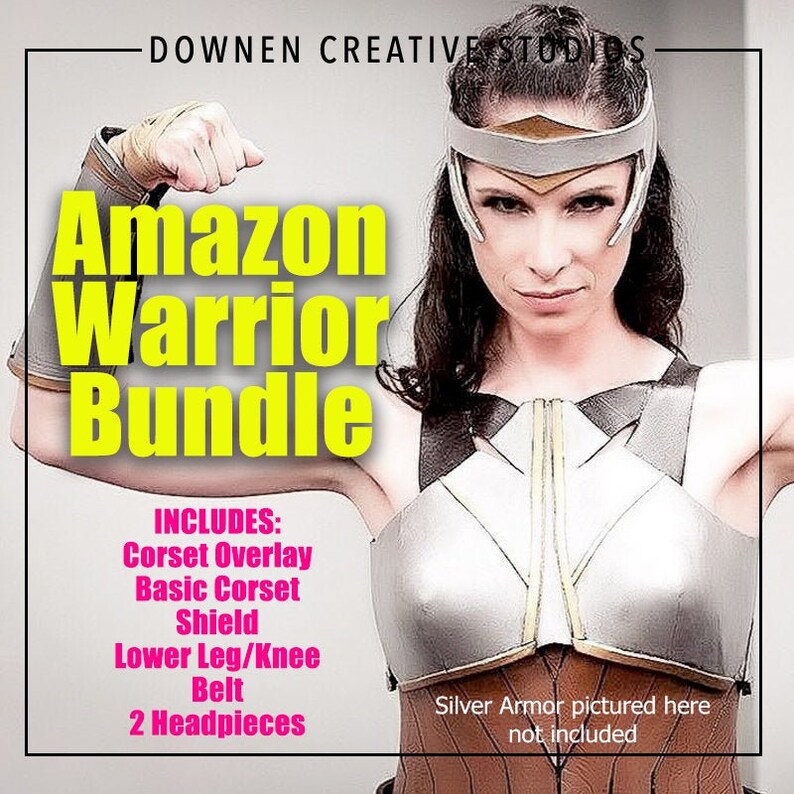 Puede incluir: Una mujer con un cors&eacute; de cuero marr&oacute;n y una armadura de pecho plateada con detalles dorados. El texto "Amazon Warrior Bundle" est&aacute; en letras amarillas. El texto "INCLUDES: Corset Overlay, Basic Corset, Shield, Lower Leg/Knee Belt, 2 Headpieces" est&aacute; en letras rosas. El texto "Silver Armor pictured here not included" est&aacute; en letras negras.