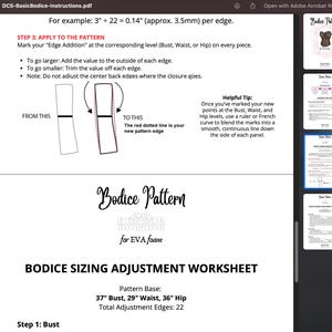 May include: A digital document titled "DCS-BasicBodice-Instructions.pdf" with instructions for bodice pattern adjustments. Includes diagrams, text, and a worksheet for bust, waist, and hip measurements. The pattern base is 37" bust, 29" waist, and 36" hip.