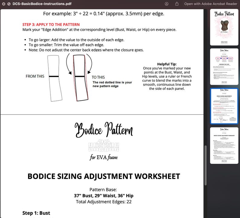 May include: A digital document titled "DCS-BasicBodice-Instructions.pdf" with instructions for bodice pattern adjustments. Includes diagrams, text, and a worksheet for bust, waist, and hip measurements. The pattern base is 37" bust, 29" waist, and 36" hip.