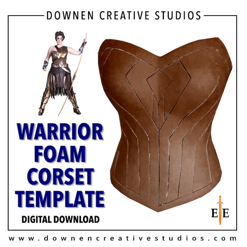 Puede incluir: Una plantilla de descarga digital para un cors&eacute; de guerrero de espuma. La plantilla se muestra sobre un fondo marr&oacute;n con una mujer guerrera en el fondo. El texto "WARRIOR FOAM CORSET TEMPLATE" est&aacute; en azul. El texto "DIGITAL DOWNLOAD" est&aacute; en negro. El texto "www.downencreativestudios.com" est&aacute; en negro. El texto "DOWNEN CREATIVE STUDIOS" est&aacute; en negro.