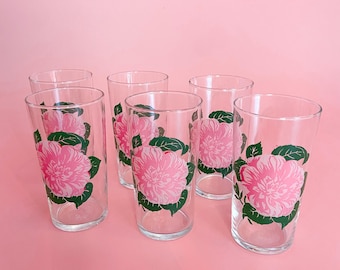 MCM Vintage Libbey Pink Carnation Drinking Glasses, set of 6
