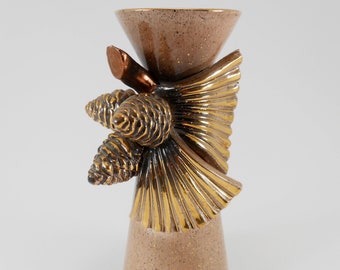 Vintage Vee Jackson Pottery Vase: MCM Pink Beige with Gold Pinecones