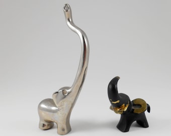 Vintage Elephant Ring Holder Set: Silver Ring Stand & Black Brass Figurine