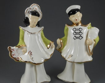 Vintage Florence Ceramics Asian Couple Figurines: Chartreuse MCM Decor