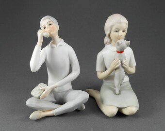 Teen Boy Figurine, Teen Girl Figurine, Boy With Phone, Girl With Cat, Bisque Porcelain, Vintage Figurine, Set of 2, 1990s Japan, Cat Figure