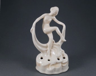 Figural Flower Frog, Woman Figurine, Scarf Dancer, Nude Woman, White Porcelain, Erphila Fayence, German Pottery, 1930s Figurine, Art Deco
