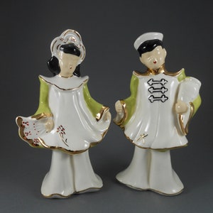 Vintage Florence Ceramics Asian Couple Figurines: Chartreuse MCM Decor