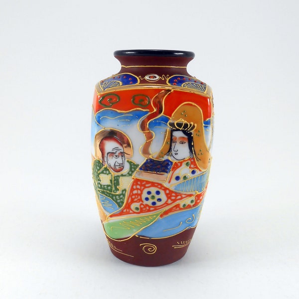 Satsuma Style Vase, Japanese Vase, Moriage Hand Painted, Vintage Pottery, 6 Inch, Orange Brown Blue, Raised Gold Gilt, Man Woman Art, Japan