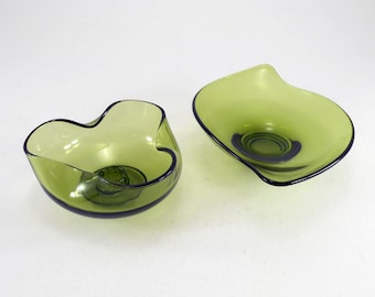 Vintage Avocado Green Glass Set: Candle Holder & Bon Bon Dish
