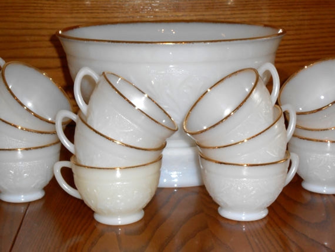 Vintage Punch Bowl Set White Milk Glass 22K Gold Trim 14 pc. Etsy
