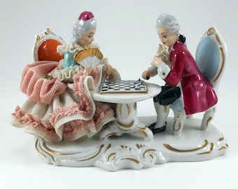 Wilhelm Rittirsch Dresden Porcelain Lace Figurine: Victorian Chess Couple
