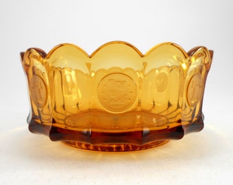 Vintage Fostoria Amber Glass Bowl: Liberty Bell Coin Design, 7 Inch