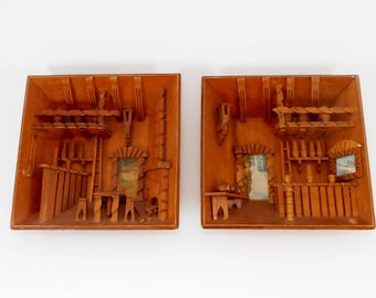 Vintage German Bar Diorama Set: Hand Carved Folk Art, 3D Wall Decor