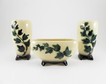 Royal Copley Ivy Vase Set: Mid-Century Cream & Green Planter