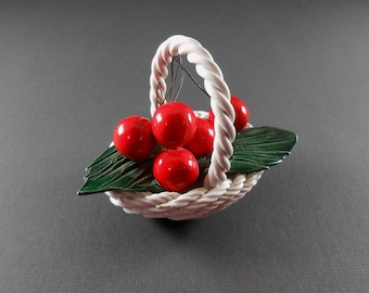 Italy Ceramic Cherry Basket: Mid Century Art Pottery Figurine