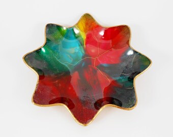 Vintage Seetusee Glass Bowl: Multi-Color Enamel Octogram Star, Gold Trim
