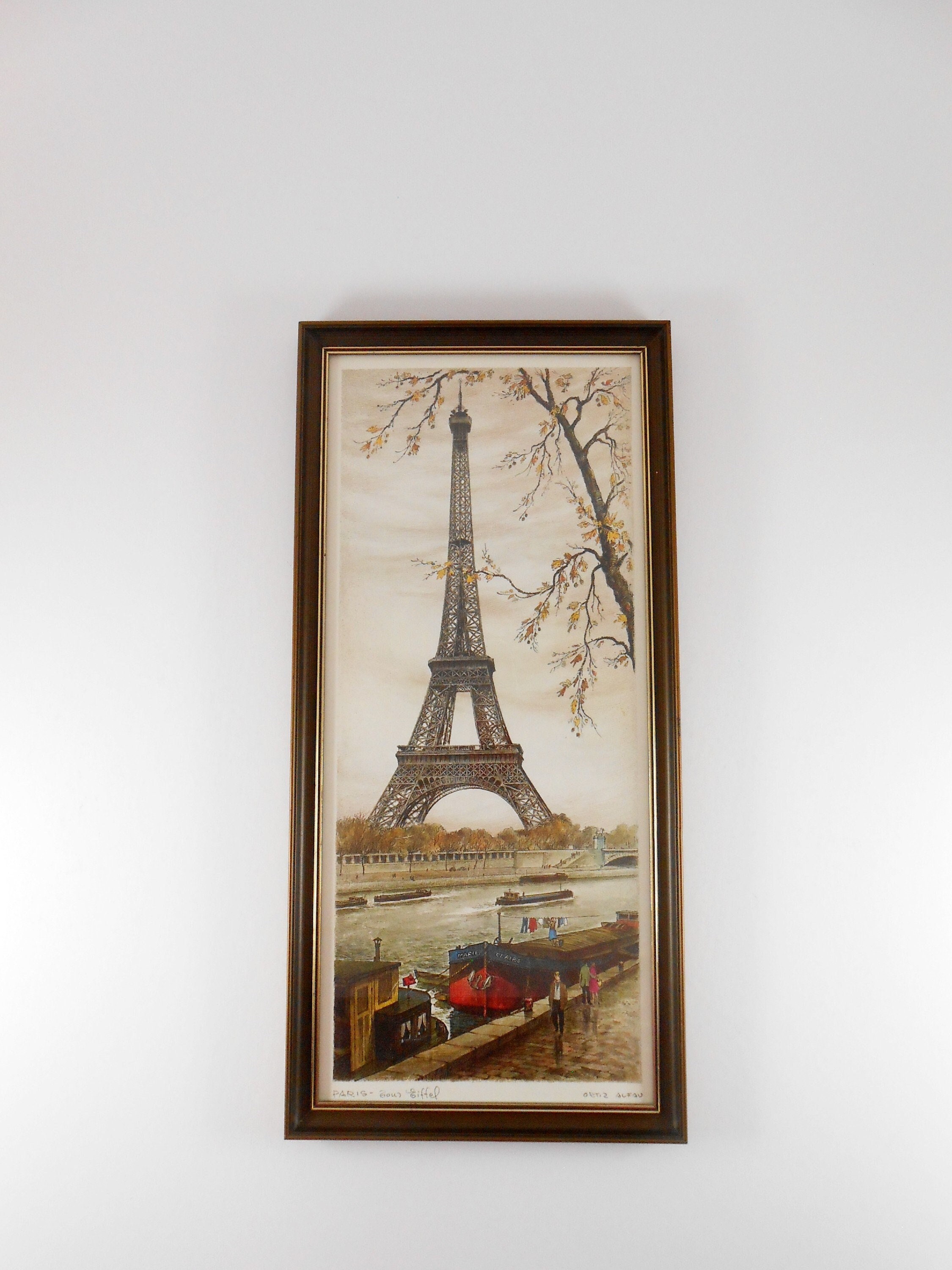 Vintage Eiffel Tower Lithograph by Ortiz Alfau, Framed French Art