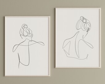 Abstract Nude Woman Back Set of 2, Female Line Drawing Printable Wall Art, Scandinavian One Line Sketch, Minimalist Prints, Above Bed Decor.