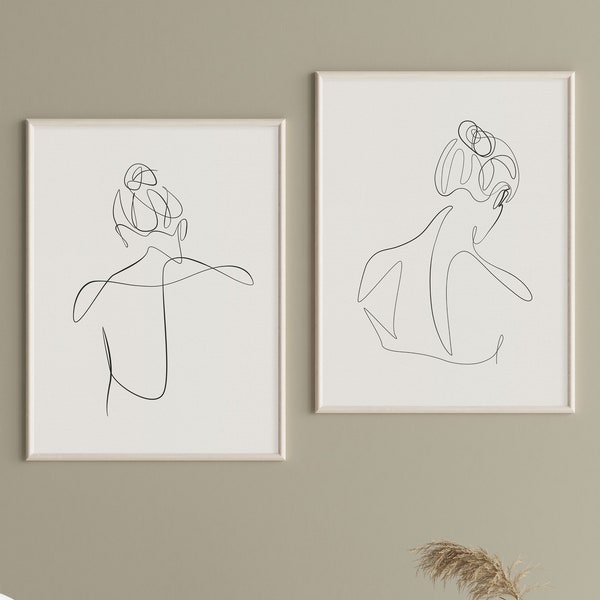 Abstract Nude Woman Back Set of 2, Female Line Drawing Printable Wall Art, Scandinavian One Line Sketch, Minimalist Prints, Above Bed Decor.