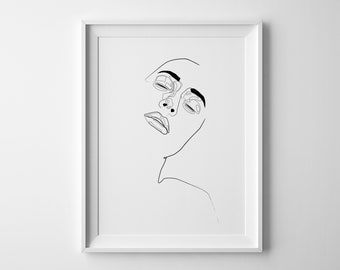 One line Female Face Printable Art, Feminine Simple Line Sketch, Minimal Girl Print, Tumblr Room Decor, Fashion Drawing, Fine Art.