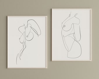 Printable One Line Abstract Nude Set of 2, Female Line Art, Woman Single Line Sketch, Feminine Minimal Wall Art, Body Figure Naked Prints.