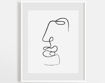 Arte moderno abstracto figurativo, boceto de figura de cara minimalista, dibujo de tinta de una línea, decoración mínima del arte de la pared, impresión en blanco y negro, digital.
