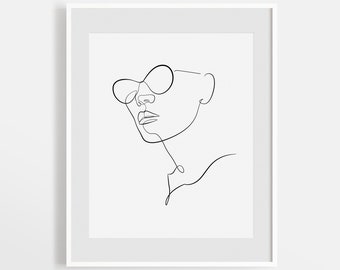 Printable Face Drawing Wall Art, Woman in Sun Glasses Print, Fashion Line Art, Female Poster, Minimalist Beauty Artwork, Illustration Print.