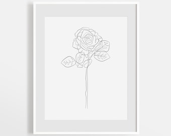 Arte abstracto de la pared del dibujo de la rosa, ilustración de la flor mínima, impresión botánica de una línea, arte de la línea botánica simple, dormitorio imprimible.