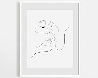 Abstract Love Line Art, Couple Kiss Wall Art, Line Drawing, Minimal Face Sketch, Face Outline Print, Modern Fine Art, Single Line, Beauty.