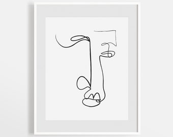 Impresión abstracta de dibujo de línea de cara, tinta de una línea de arte de pared, figura de boceto de línea continua, ilustración moderna imprimible, decoración de arte minimalista.