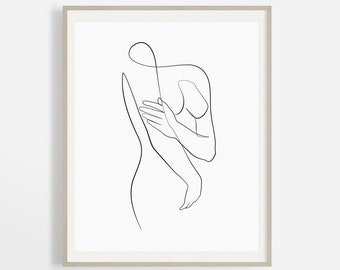 Elegant One Line Body Drawing, Minimalist Abstract Nude Line Print, Female Figure Arm Pose, Naked Feminine Artwork, Simple Woman Sketch.