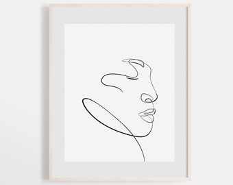 Boceto de la cara de una sola línea, ilustración facial del dibujo de una línea, arte de línea femenina minimalista, líneas continuas, figura abstracta simple arte de la pared