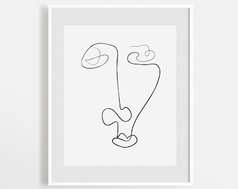 Arte de línea de tinta abstracta, dibujo de una línea de cara, boceto minimalista, impresión escandinava, figura una sola línea imprimible, arte de pared moderno simple.