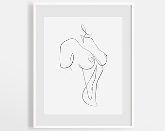 Één regel naakt schets naakte vrouw illustratie, vrouwelijk naakt tekening, abstracte figuur, minimalistische Wall Art Print, digitale lijn Art Print.