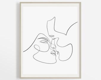Couple Kiss Illustration, One Line Drawing Printable Art, Intimate Love Line Sketch, Minimalist Kissing Wall Art, Minimal Love Art Print