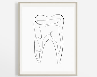 Op de afbeelding: Een zwart-witte lijntekening van een tand in een eenvoudige, minimalistische stijl.