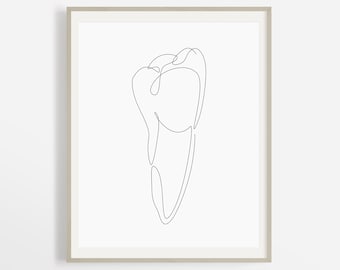 Op de afbeelding: Een zwart-witte lijntekening van een tand in een eenvoudige, minimalistische stijl. De tand is getekend in één doorlopende lijn.