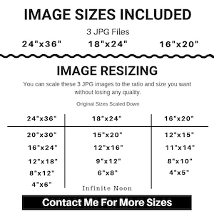 May include: A chart showing different image sizes included with a purchase. The original sizes are 24"x36", 18"x24", and 16"x20". The chart shows the original sizes scaled down to smaller sizes.