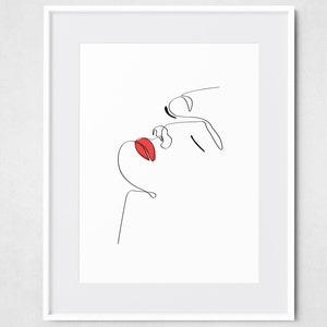 Woman Face One Line Drawing Printable Art, Facial Abstract Red Lipstick Sketch, Simple Minimal Illustration, Fashion Makeup Wall Art, Decor.