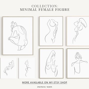 May include: A collection of six minimalist line drawings of female figures. Each drawing is in black and white and features a different pose. The drawings are framed in a simple, modern style.